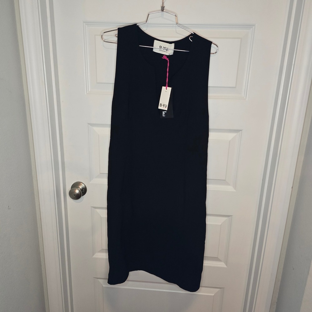 B-YU Linen V-Neck Dress Womens L Black Minimalist Classic Chic Luxury Italy